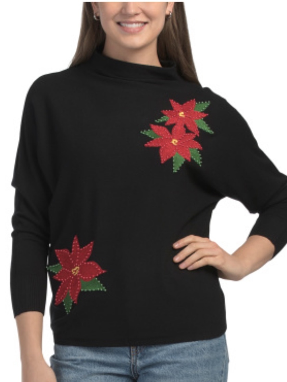NWT Aaeda Holiday Poinsettia Beaded Floral Embellished Black Sweater Soft Large